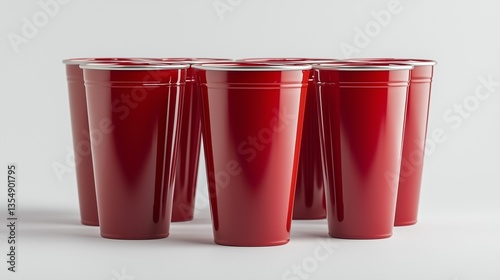 A red party cups isolated against a solid white background, symbolizing celebration, social gatherings, and fun occasions.