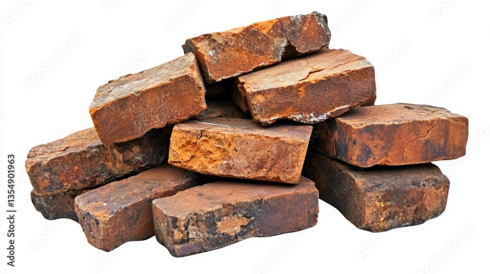 Pile of uneven weathered bricks, displayed on transparent background, textured and cracked surfaces, soft red and orange hues, crisp focus, clean lines, and rugged and authentic style. Pile of uneven weathered bricks, displayed on transparent background, textured and cracked surfaces, soft red and orange hues, crisp focus, clean lines, and rugged and authentic style.