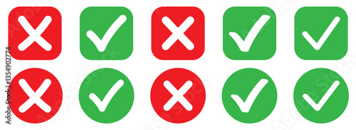Green check mark and red cross mark in circle. Check mark and cross mark icons. tick and cross symbol. Check mark icon button set. Check box icon with right and wrong buttons and yes or no checkmark .