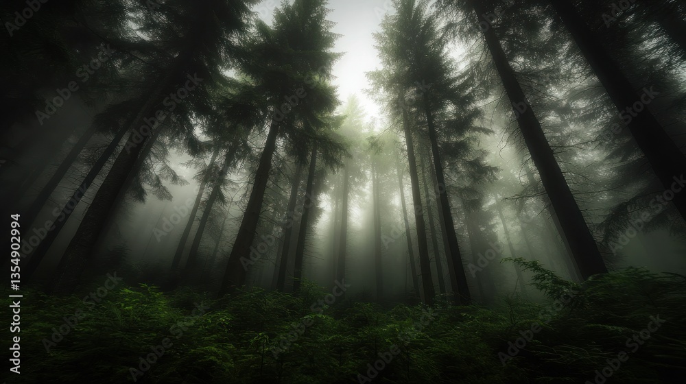 Fototapeta premium Tall green trees surrounded by heavy atmospheric fog in the forest