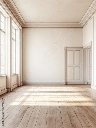 Wallpaper Mural A large empty room with a white wall and wooden floors. The room is bare and empty, with no furniture or decorations. The space is open and airy, with a sense of emptiness and loneliness Torontodigital.ca