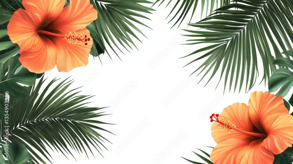 Naklejka premium Tropical Bloom: Hibiscus blossoms and vibrant palm leaves create a beautiful, vibrant and colorful botanical design, ideal for conveying themes of summer, nature, and exoticism.