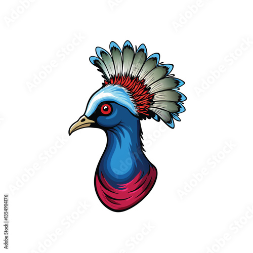Create a vibrant, stylized painting of a Southern Crowned Pigeon, showcasing its iridescent plumage and regal posture.  Focus on detailed feather textures and a lush, tropical background.