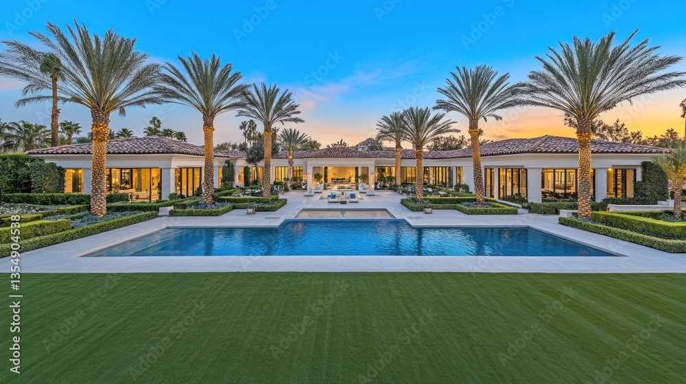 Fototapeta premium A luxurious residence featuring a swimming pool and surrounding landscaping