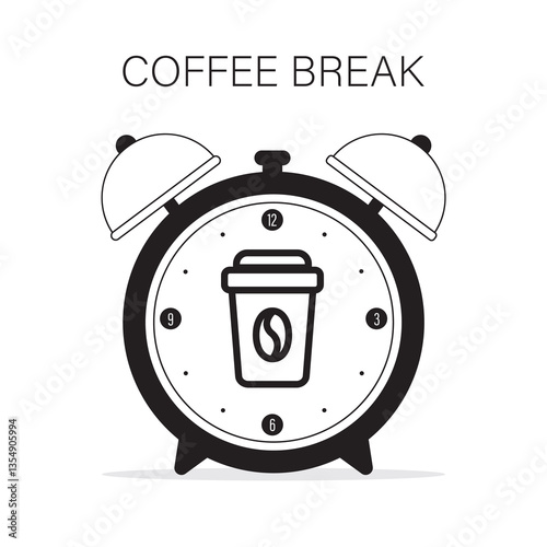 Breaktime icon. Coffee break icon, coffee time, hot drink to go. Alarm clock with cup. Time management. Black design isolated on white background.