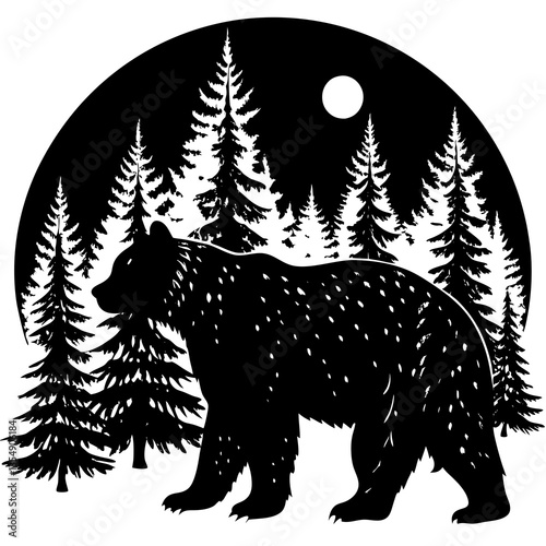 Double Exposure Bear Silhouette with Forest and Moon
