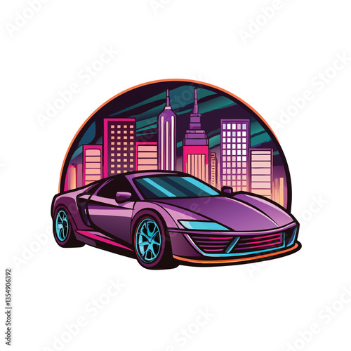 Neon-lit cyberpunk cityscape at night, showcasing a sleek sports car with glowing details.  Render in vibrant, high detail.