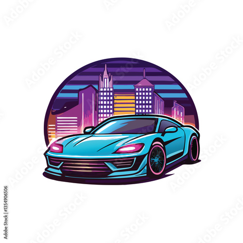 Neon-lit, futuristic sports car speeding through a rain-slicked cyberpunk city at night, glowing holographic advertisements.