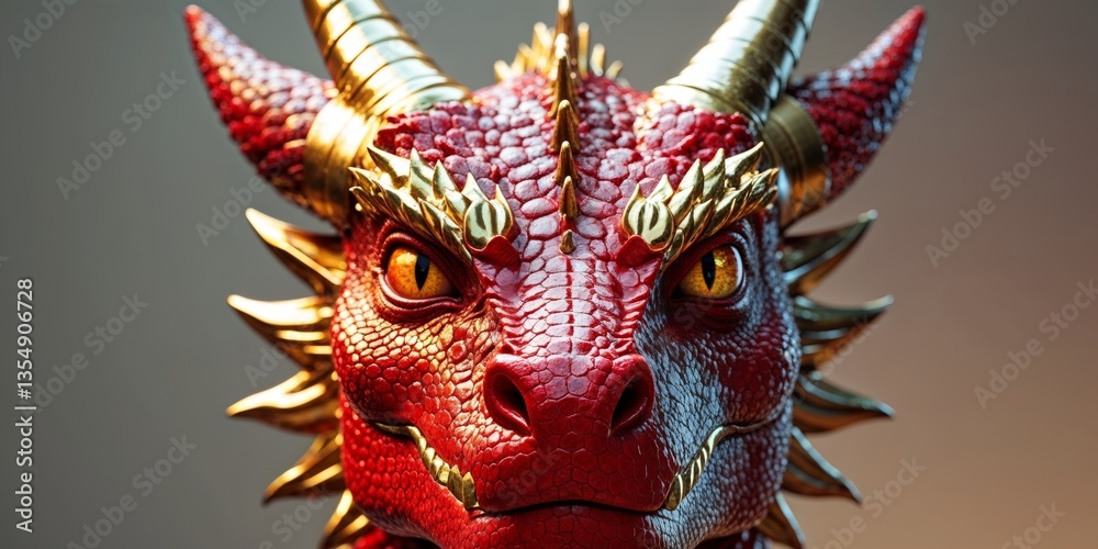 Obraz premium A red dragon with gold accents on its face.