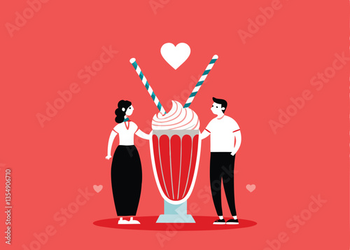 A young couple intimately sharing a thick milkshake through two straws, showcasing affection and shared enjoyment.  Focus on their happy expressions and the creamy texture of the milkshake.