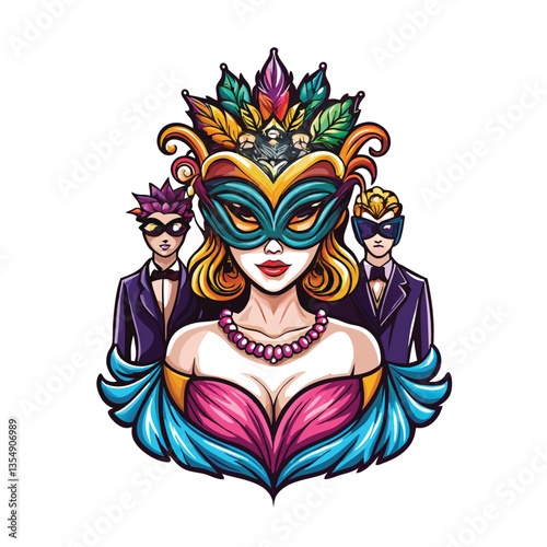 A glamorous New Year's Eve masquerade ball; elegantly dressed guests in masks, sparkling chandeliers, festive decorations, champagne flutes.