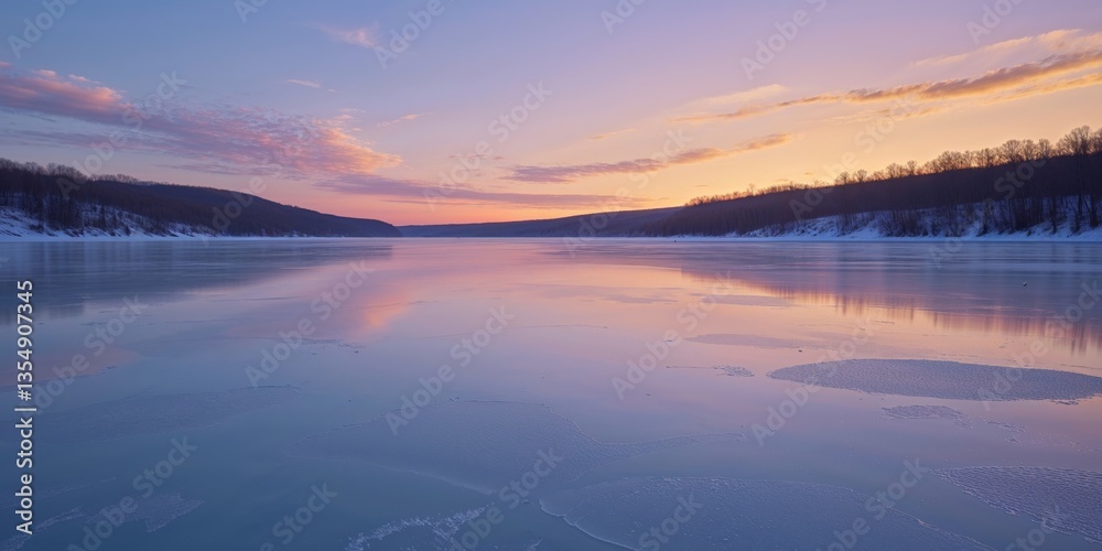 Frozen Lake at Dusk with Glowing Sky Reflection Frozen Lake at Dusk with Glowing Sky Reflection