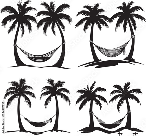 Beach Scene with Palm tree with swings silhouette vector