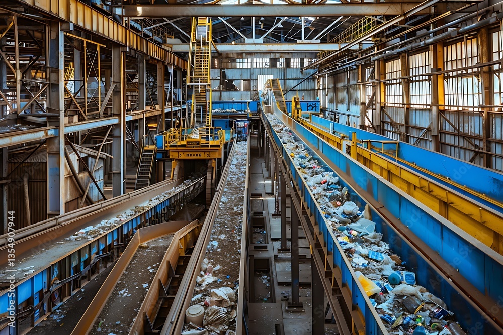 A recycling plant with conveyor belts, sorting machines, and baling equipment processing various materials. A recycling plant with conveyor belts, sorting machines, and baling equipment processing various materials.