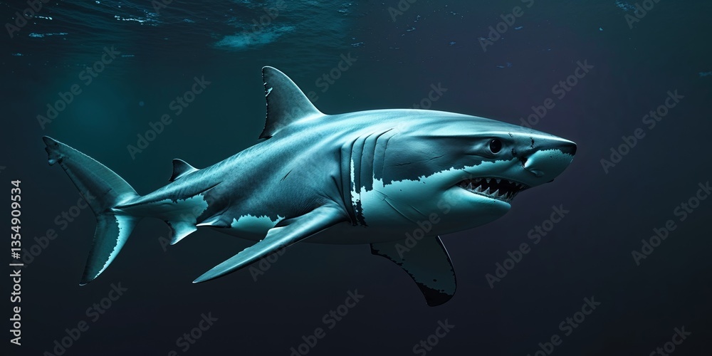 Obraz premium Great White Shark Swimming In Dark Ocean Waters.