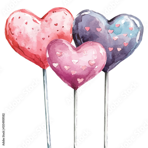Heart-shaped Cake Pops, watercolor illustration, isolated on a white background.