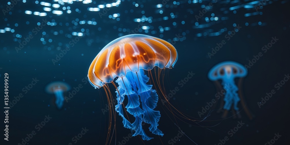 Fototapeta premium Stunning Orange and Blue Jellyfish Gliding Gracefully Through Dark Ocean Waters