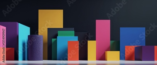 Colorful Geometric Shapes in Various Heights and Textures on Black Background.