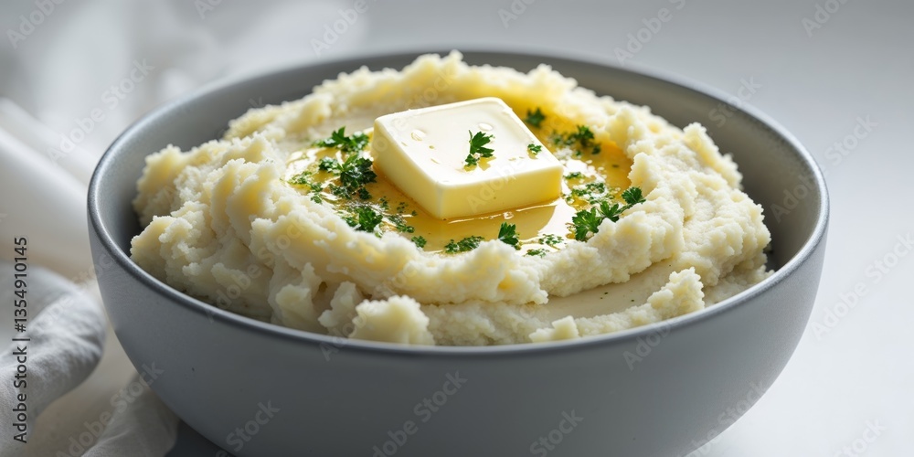 Close Up of Creamy Mashed Potatoes with Butter and Herbs in a Grey Bowl Close Up of Creamy Mashed Potatoes with Butter and Herbs in a Grey Bowl