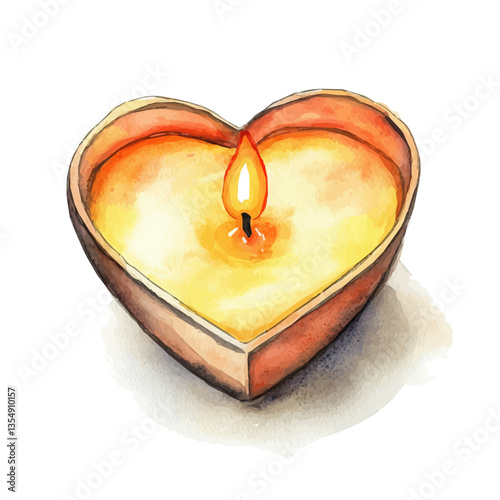 watercolor vector of Heart-shaped Candle, isolated on a white background.