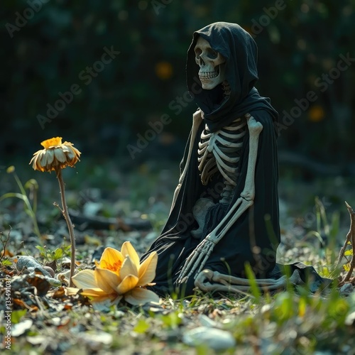 Skeleton in tattered black robes kneels beside a withered flower, dying, wilted