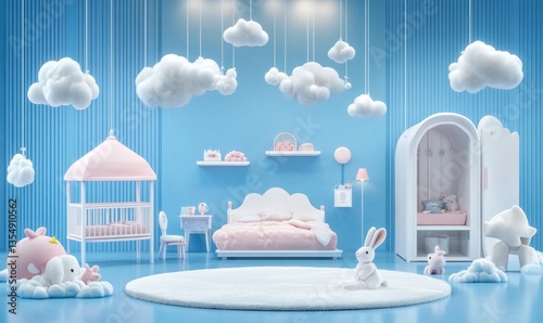 Cute baby girl's room with pastel colors and cloud decor.