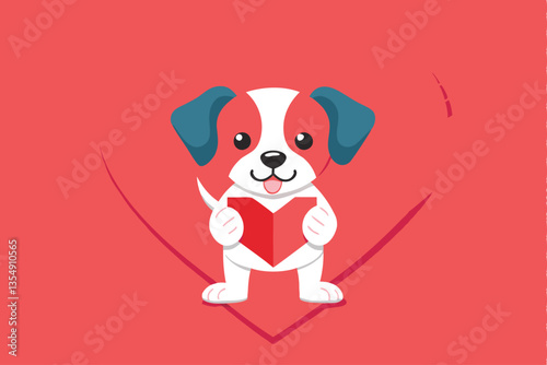 An adorable fluffy puppy, possibly a Golden Retriever, gently holds a Valentine's Day card in its mouth, looking directly at the camera.