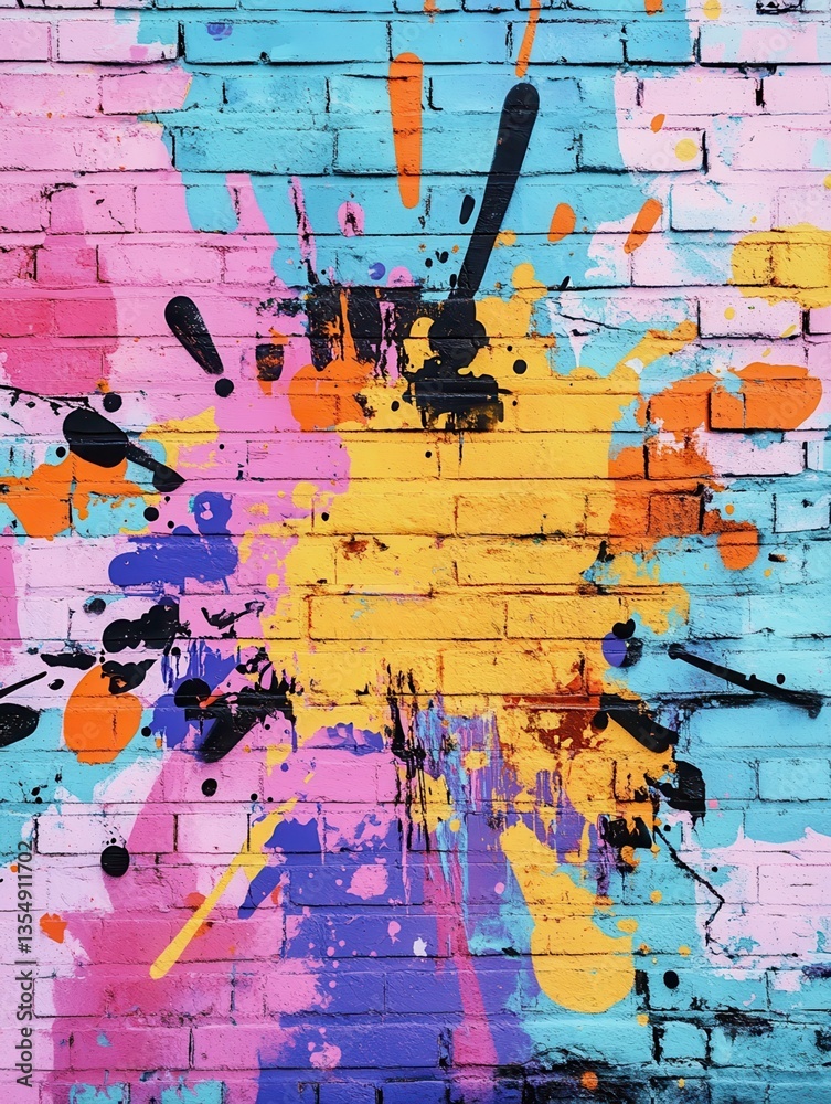 Fototapeta premium Pop art comic street graffiti with vibrant colorful splash on brick wall. Dirty wall background poster. Copy paste area for text and brand.