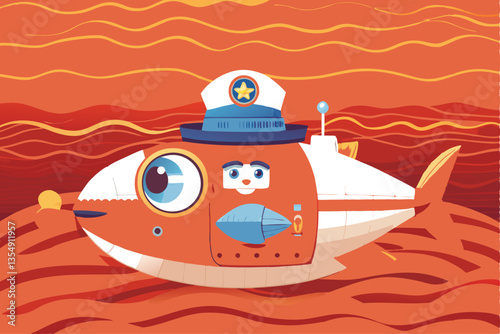 A vintage cartoon fish, wearing a captain's hat, gleefully pilots a tiny, whimsical submarine through coral reefs.