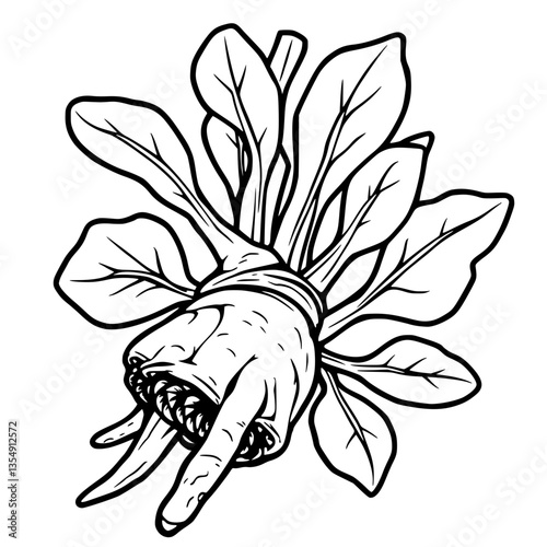 Groovy Veggie A Hand-Shaped Root Vegetable with Vibrant Green Leaves