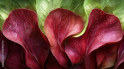 Red and green leaves swirl, studio backdrop, nature design