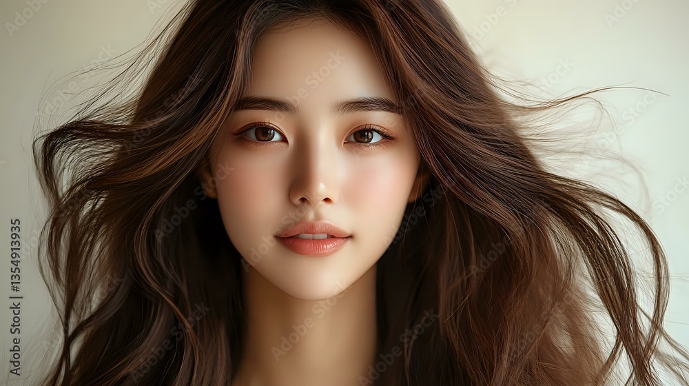 Naklejka premium Young Asian woman with flowing dark brown hair and natural makeup smiling softly at camera against light background, portrait with gentle expression and glowing skin.