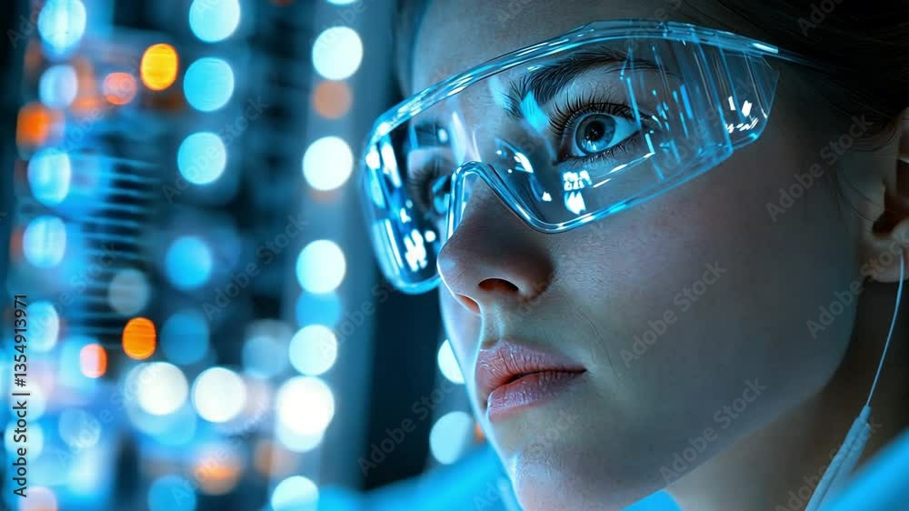 Digital Insight: A determined young woman, adorned with futuristic glasses, gazes intently into a world of data, reflecting the vibrant hues of a tech-centric environment. Digital Insight: A determined young woman, adorned with futuristic glasses, gazes intently into a world of data, reflecting the vibrant hues of a tech-centric environment.