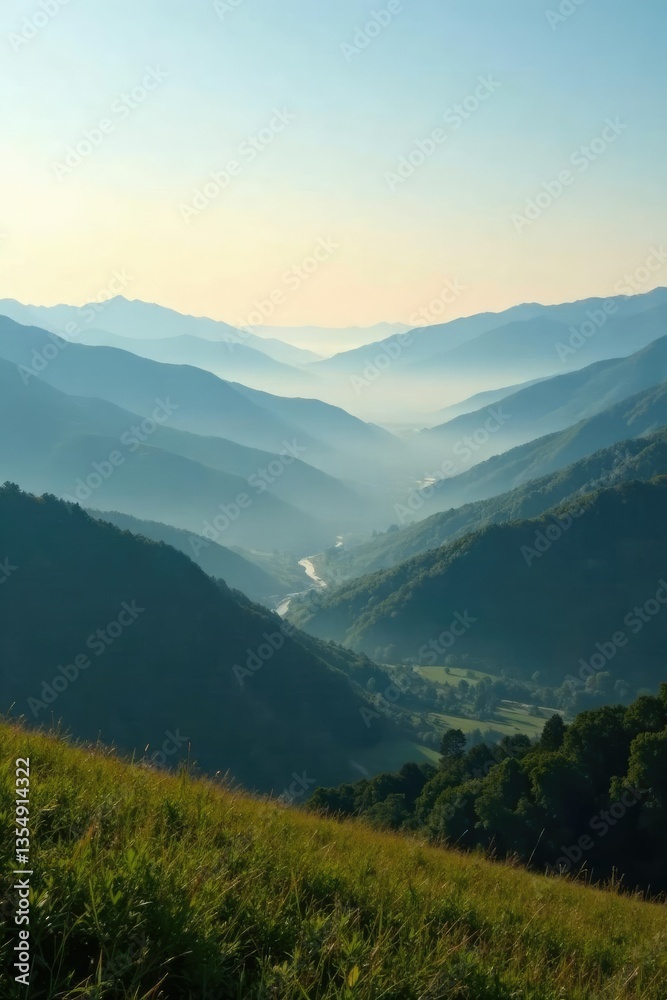 Fototapeta premium Misty dawn breaks over rolling hills and mountains under a clear sky, serene atmosphere, clear sky