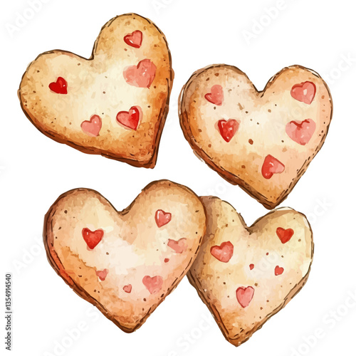 watercolor of Heart-shaped Cookies, isolated on a white background.