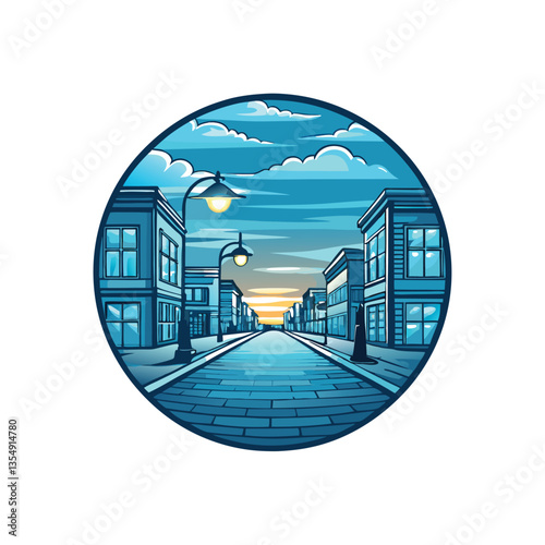 Serene dawn scene empty city street bathed in cool blue light, long shadows, quiet atmosphere, hints of early morning activity.