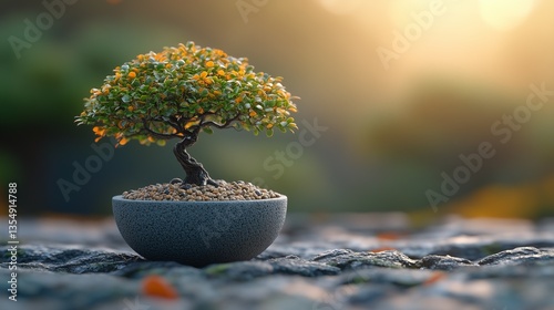 A miniature bonsai tree in a small pot, showcasing delicate branches and lush green leaves, symbolizing tranquility, mindfulness, and natural beauty.	