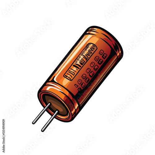 Create a highly detailed vector illustration of a capacitor, showcasing its internal structure and components with precise labeling.  Include realistic shading and highlighting.