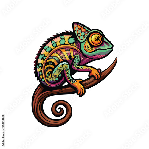 Create a detailed vector illustration of a chameleon, showcasing its vibrant scales and textured skin.  Include intricate details of its eyes and toes.