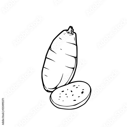A Single Whole Cassava Root and a Slice Freshly Harvested Ready to Cook or Eat