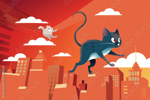 A vintage cartoon cat, in hot pursuit of a tiny mouse, zips through a bustling, 1950s-style city scene.
