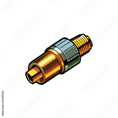 Create a highly detailed vector illustration of an SMA connector, showcasing its precise dimensions, pins, and overall construction.  Include clear labels for all components.
