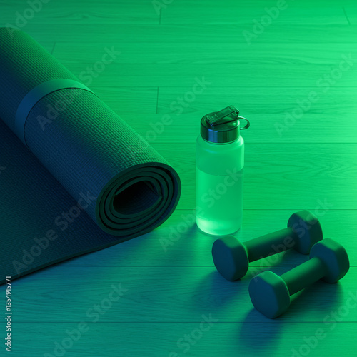 Detoxification program and sports detox. Fitness kit on the floor: yoga mat, water bottle and dumbbells. Ideal for illustrating a healthy lifestyle.