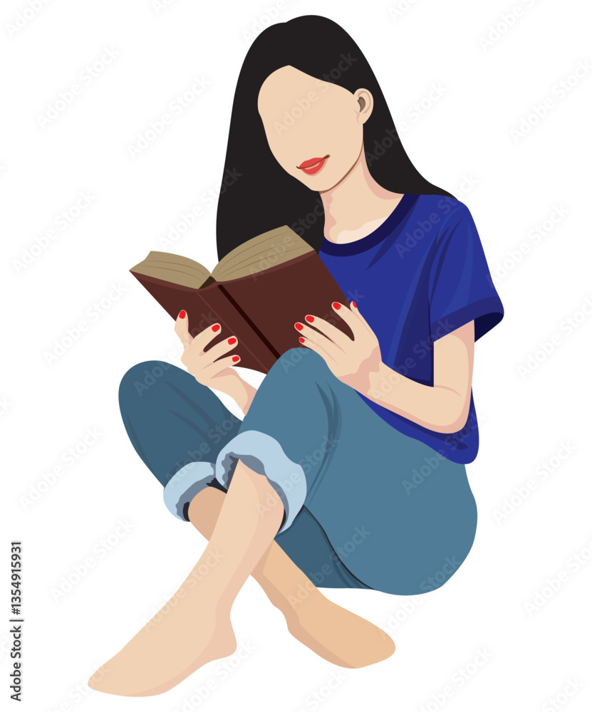 lovely young woman is sitting and reading a book vector design