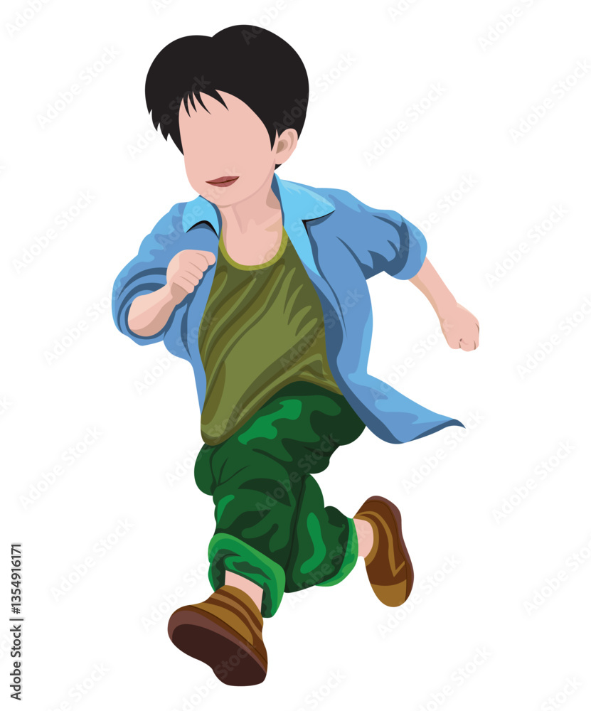 A boy wearing a long-sleeved shirt, military-style pants, and brown shoes is running.vector design