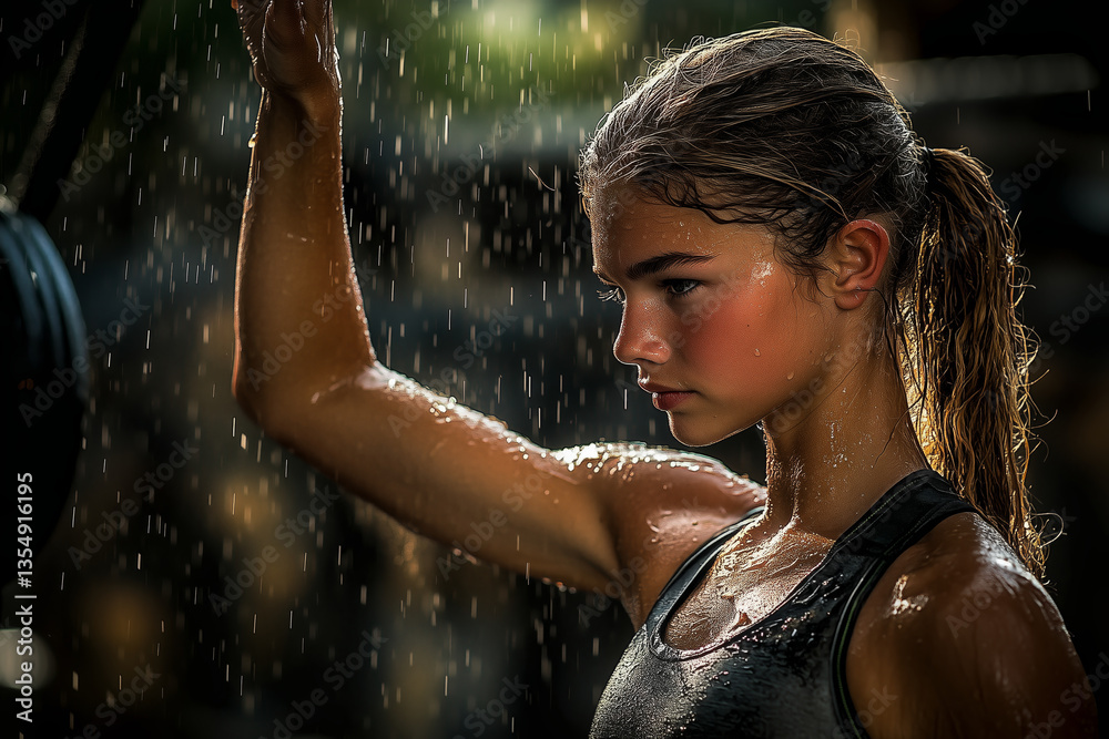 Fototapeta premium Focused Young Athlete Training in Rainy Environment