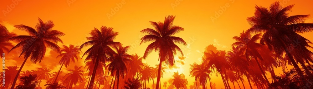 Tropical palm trees are silhouetted against a warm orange sunset sky Tropical palm trees are silhouetted against a warm orange sunset sky