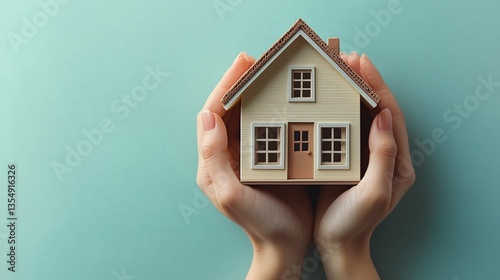 A small model house held in an open hand, isolated against a solid blue background, representing real estate investment, homeownership, and financial security.