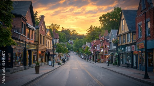 Quaint town street at sunset, empty road, charming shops, trees