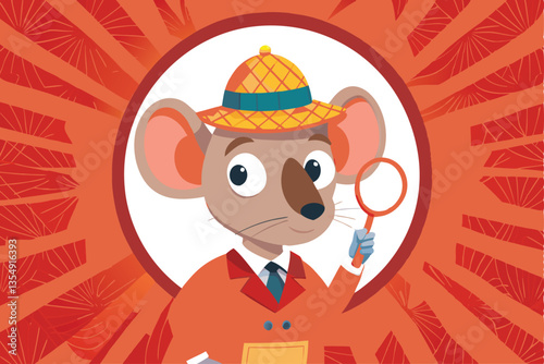 A vintage cartoon mouse, wearing a fedora, trench coat, and magnifying glass, solving a mystery.